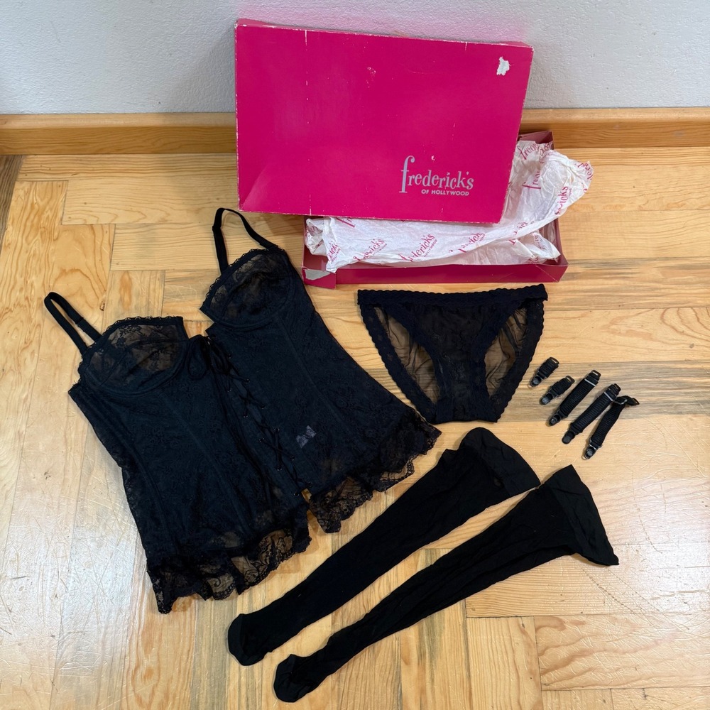 Vintage Frederick's of Hollywood Sheer Black Lace Burlesque Bustier Corset Set - Picture 2 of 14